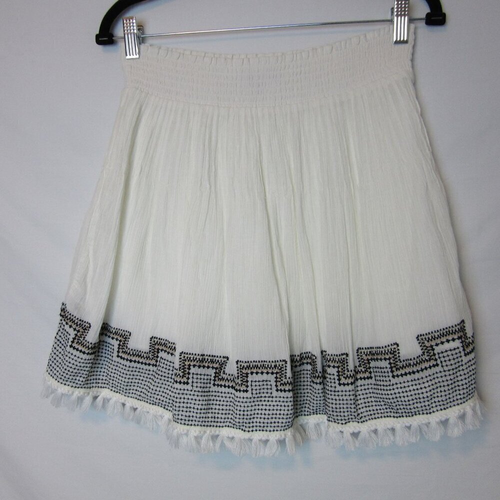 J. Crew White Boho Pleated Skirt XS Flowy Black Embroidered Cotton Tassel